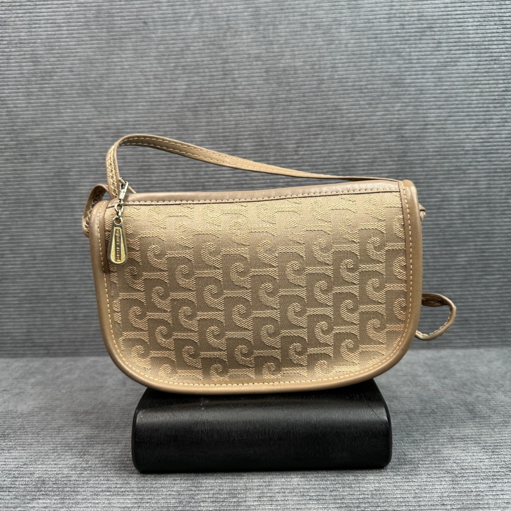 Pierre Cardin Vintage Monogram Jacquard Shoulder Bag Tan Logo Print Small Bag